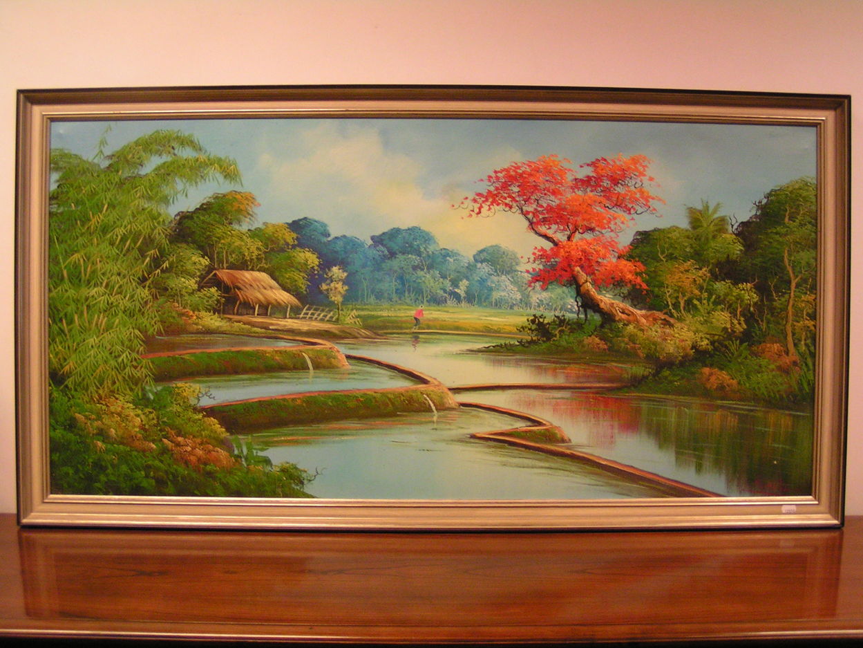 artikelnr 00232 Indonesisch Rijsveld: prijs 129 euro
schilderij 1.39m x 72 cm gesigneerd H. Sutisingh
Keywords: schiderij indonesisch rijsveld